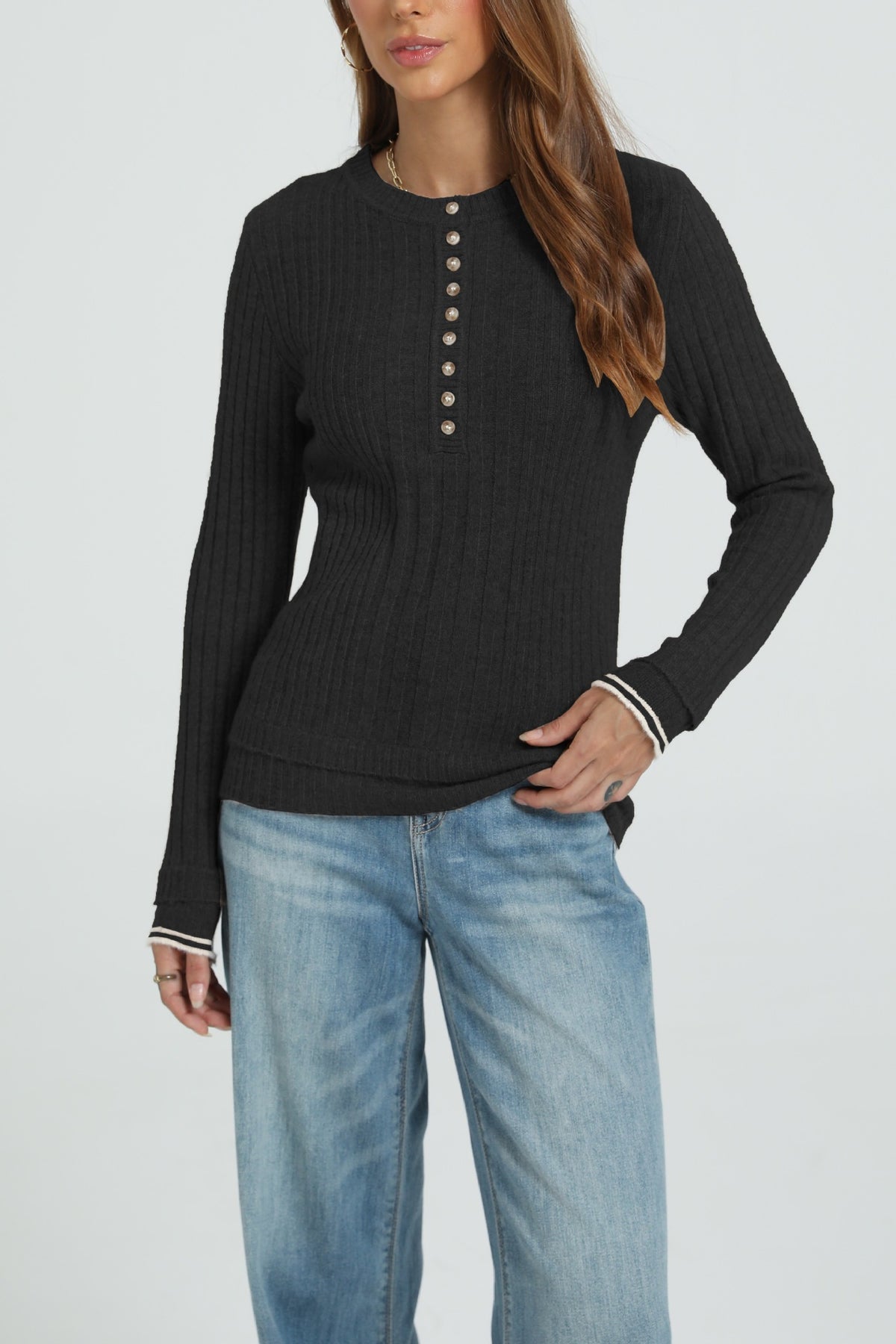 Women's Ribbed Henley Long Sleeve Fitted Sweater