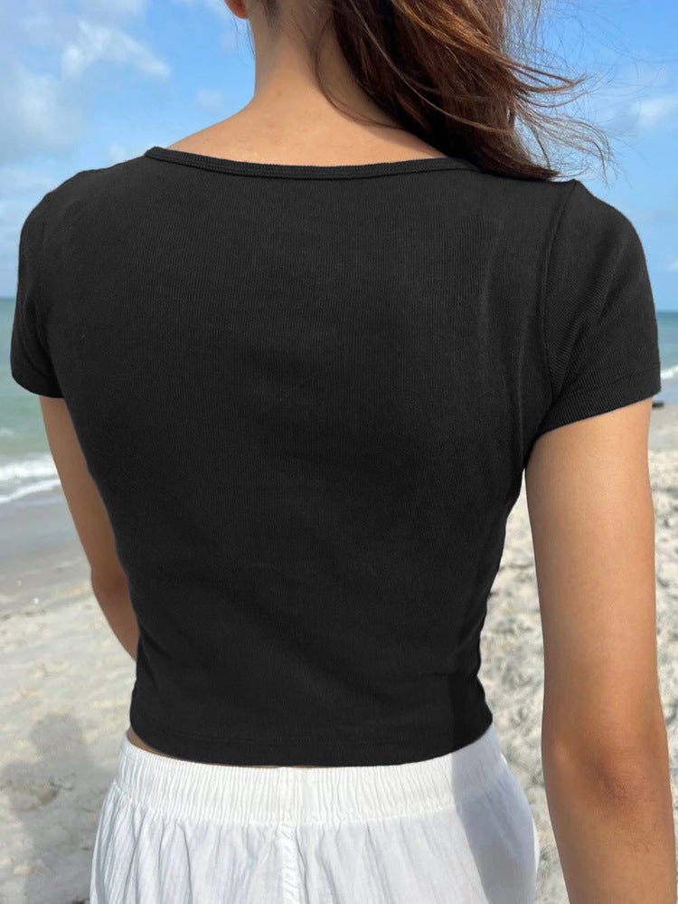 Button Casual Top Solid T-Shirts Slim Short Sleeve