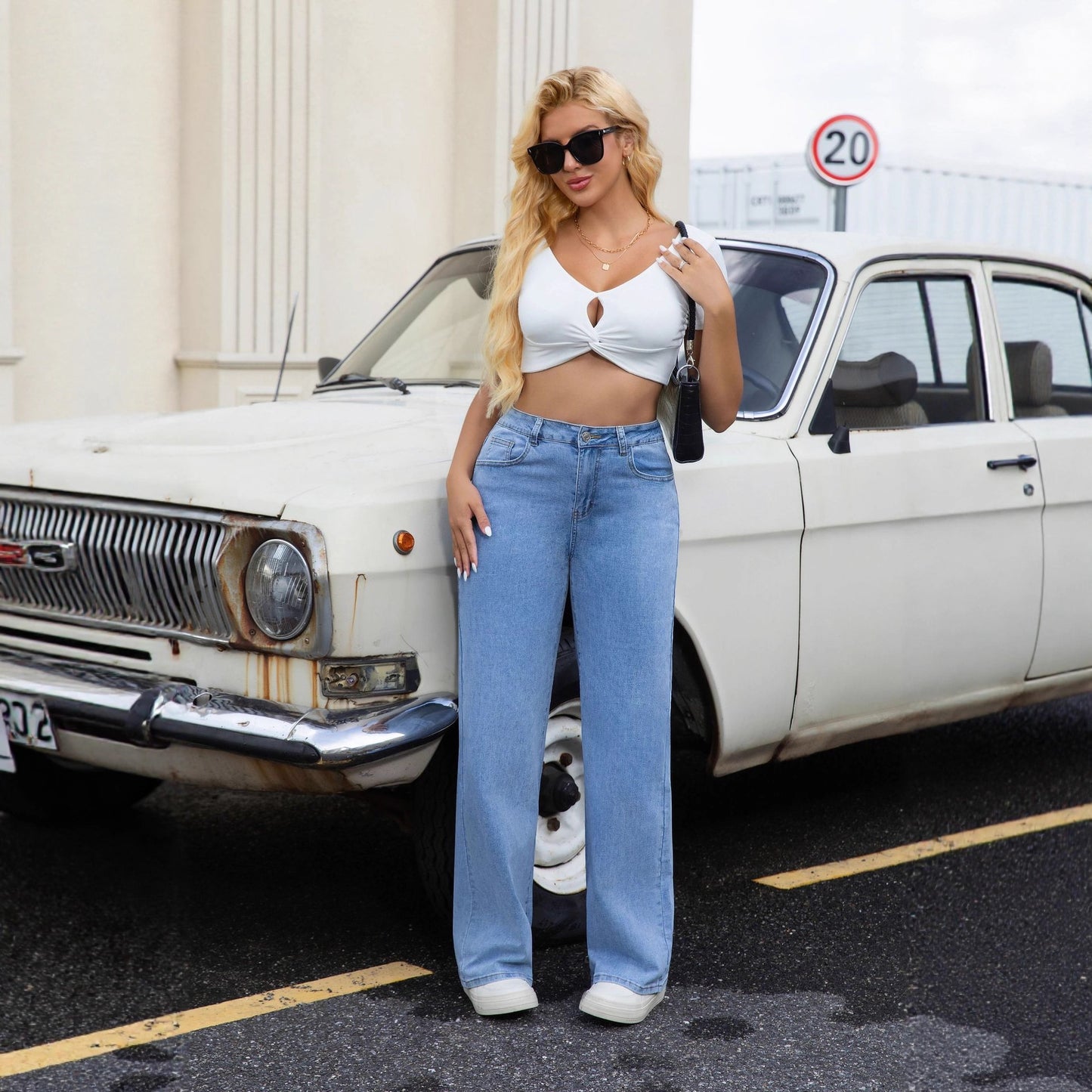 2026 High Waisted Wide Leg Washed Denim Jeans