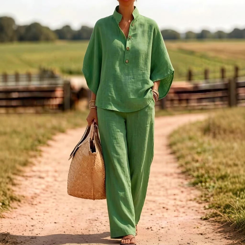Solid Linen Blend Button Top Wide Leg Pant Set