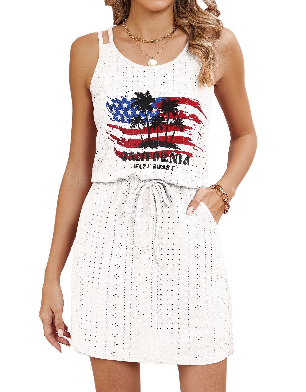 Eyelet Lace Sundress Resort Sleeveless Drawstring Waist
