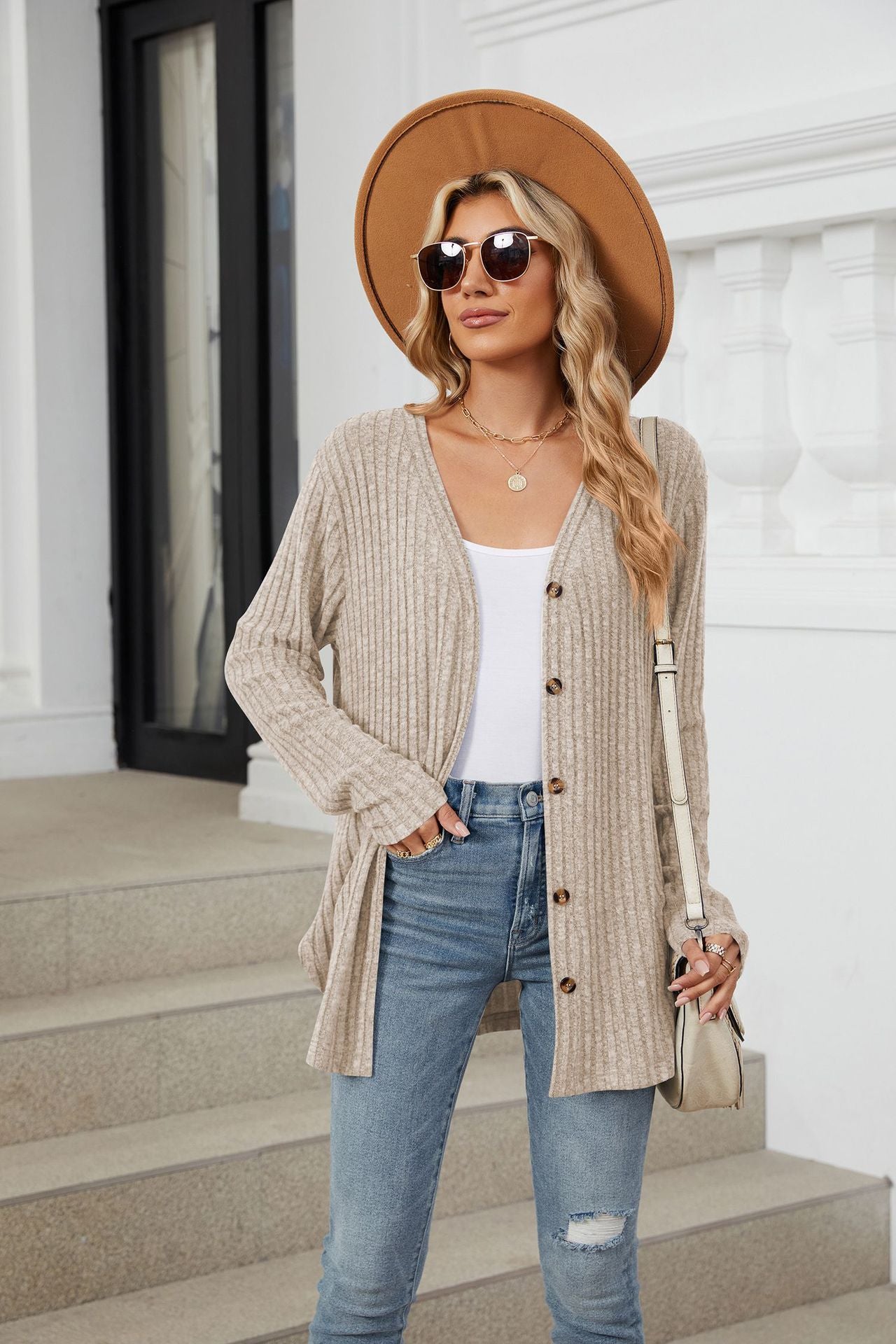 Solid Color Long Sleeve Button Cardigan Knitted