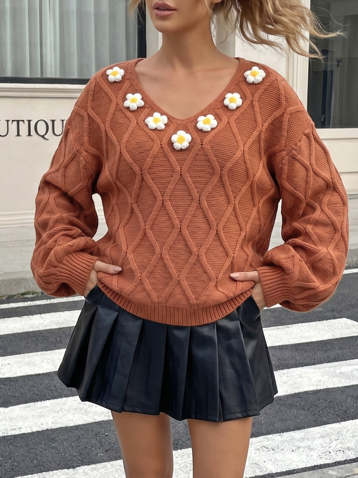 Women's Daisy V Neck Cable Knit Balloon Sleeve Sweater