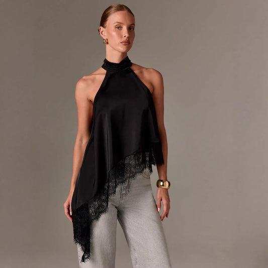 Women’s Satin Lace Trim Halter Neck Asymmetrical Top