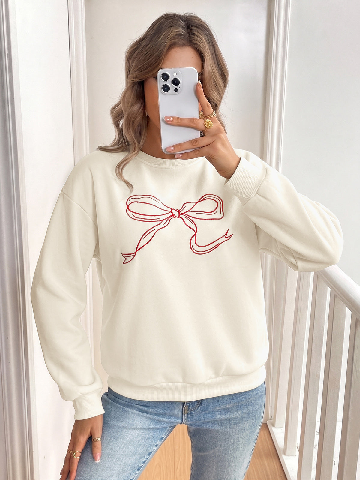 Coquette Bow Crewneck Sweatshirt Women Oversized Pullover