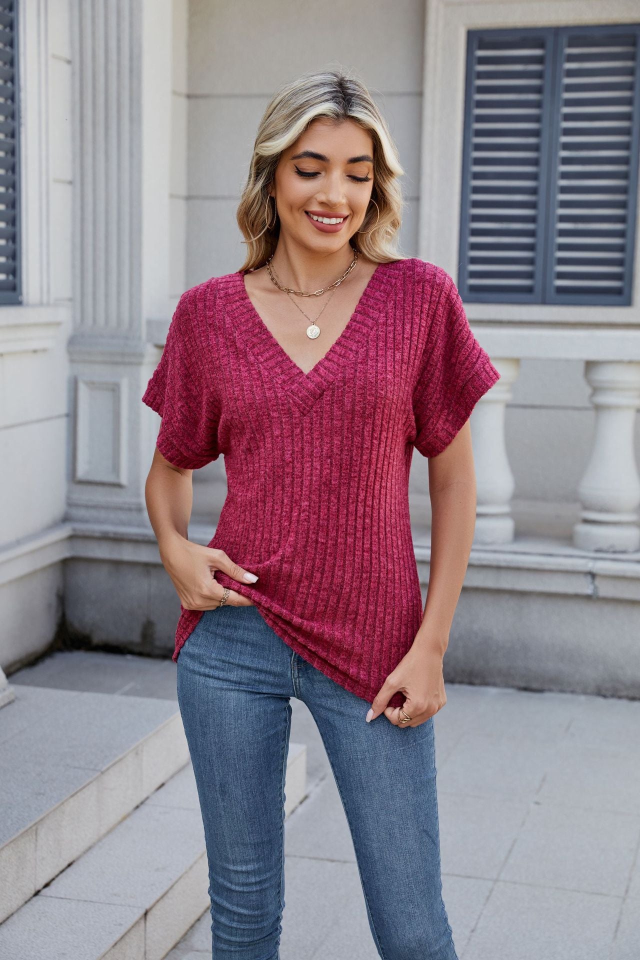 Ribbed Knit Top Casual Dolman Sleeve V Neck