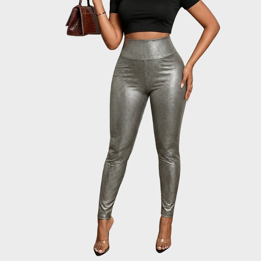 Metallic Faux Leather Leggings High Waist Slim Fit Trendy