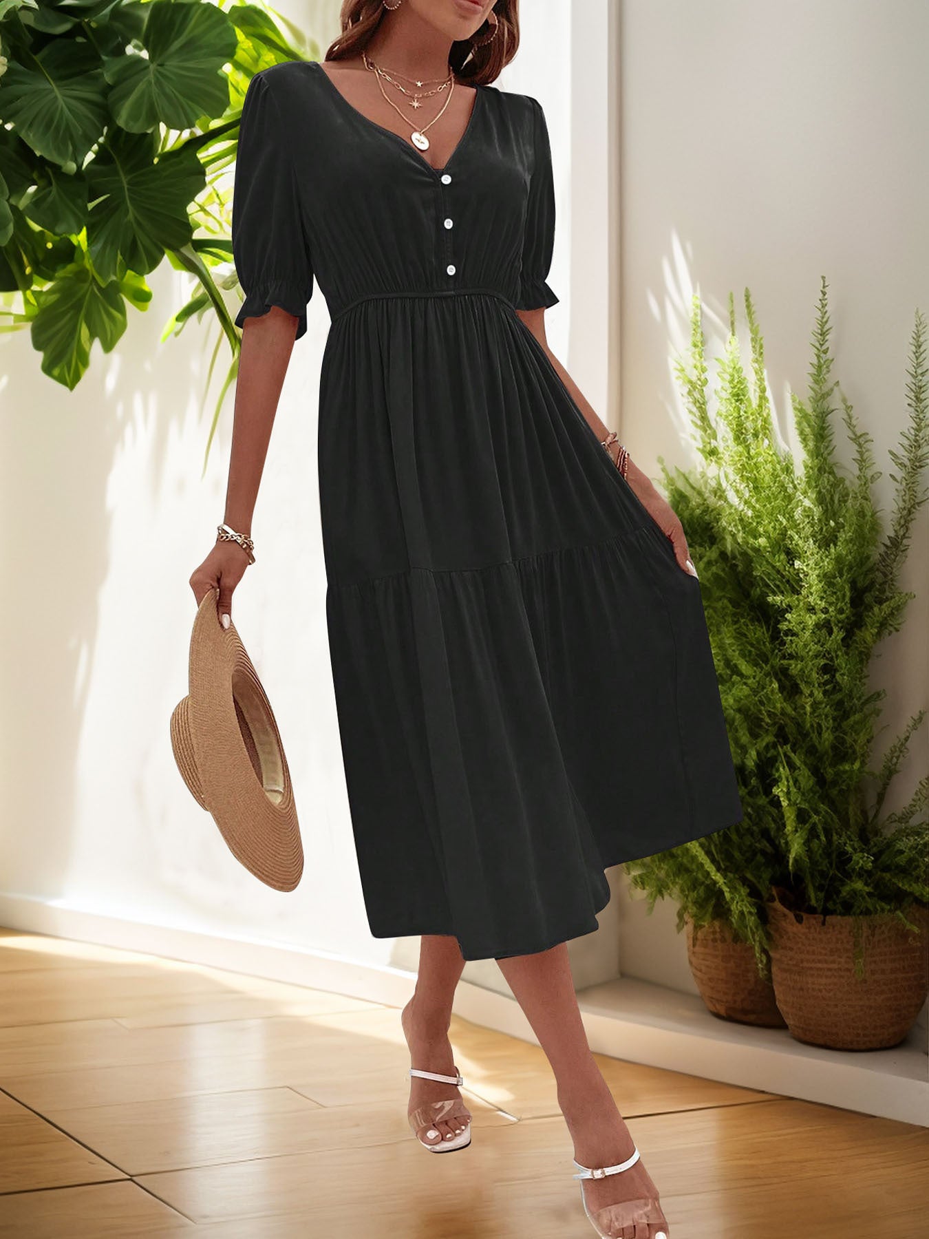 High Waist Solid Color Casual Midi Dress for Women