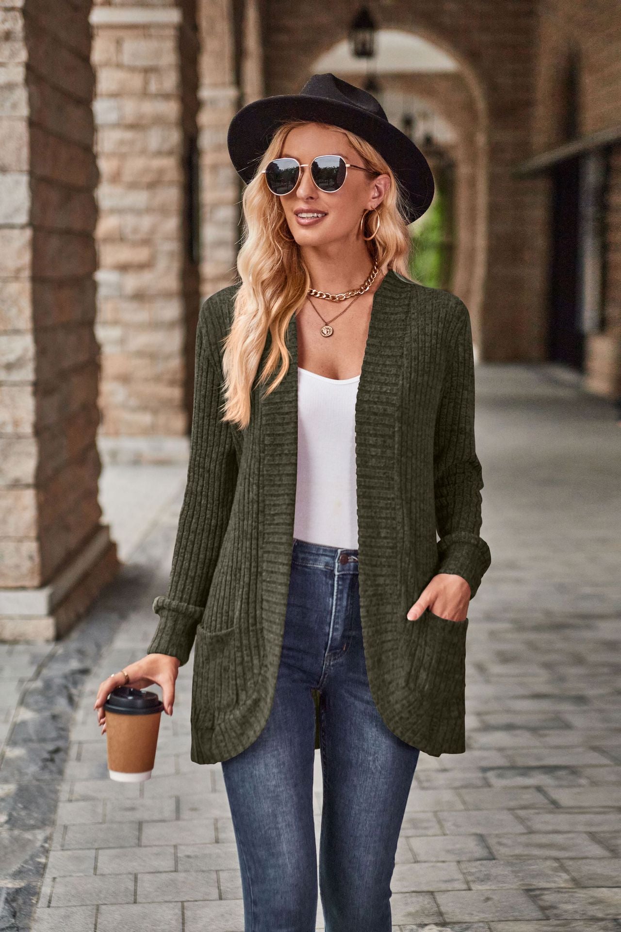 Women's Ribbed Knit Open Front Cardigan Long Sleeve Pockets