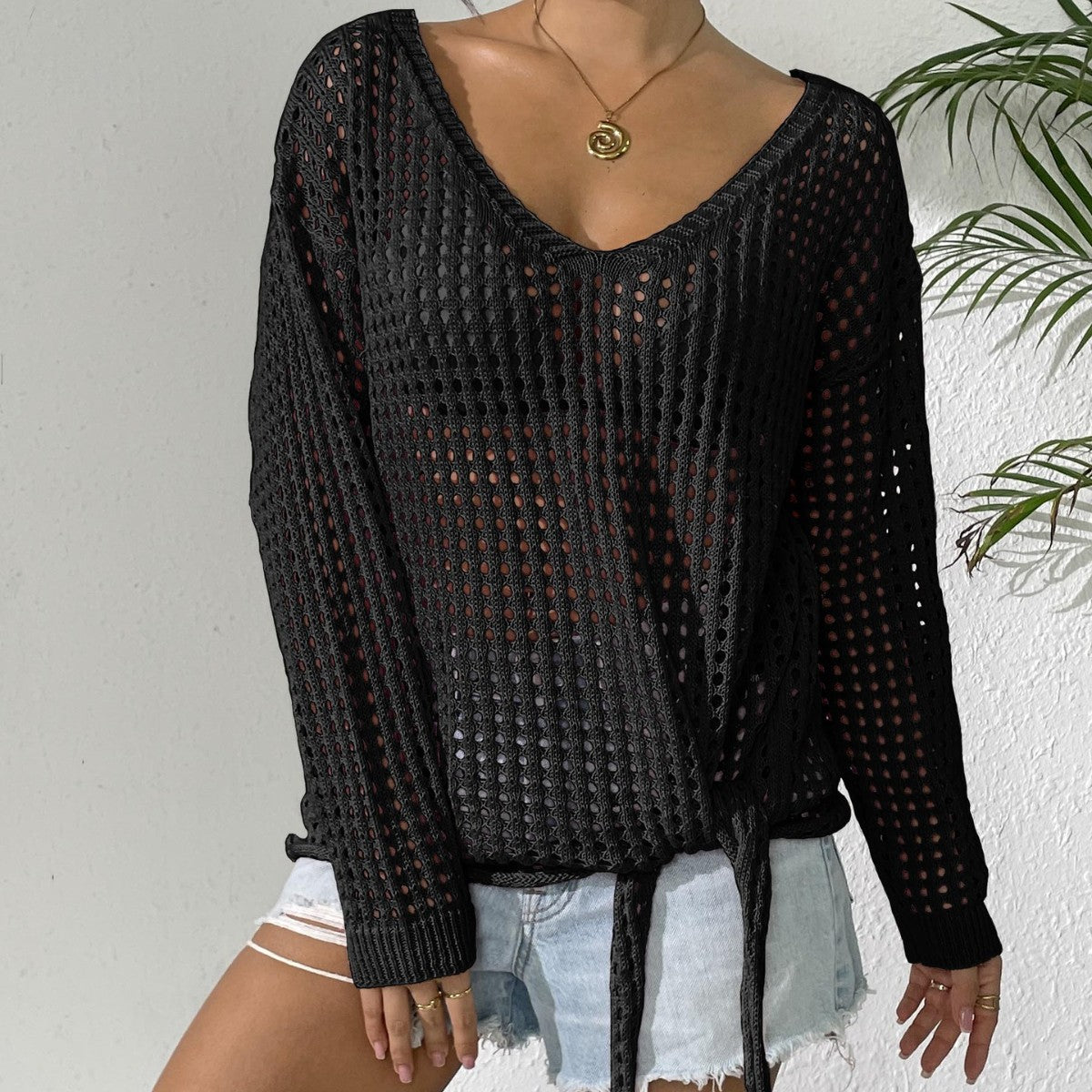 Women’s V Neck Crochet Tie Front Long Sleeve Cover Up