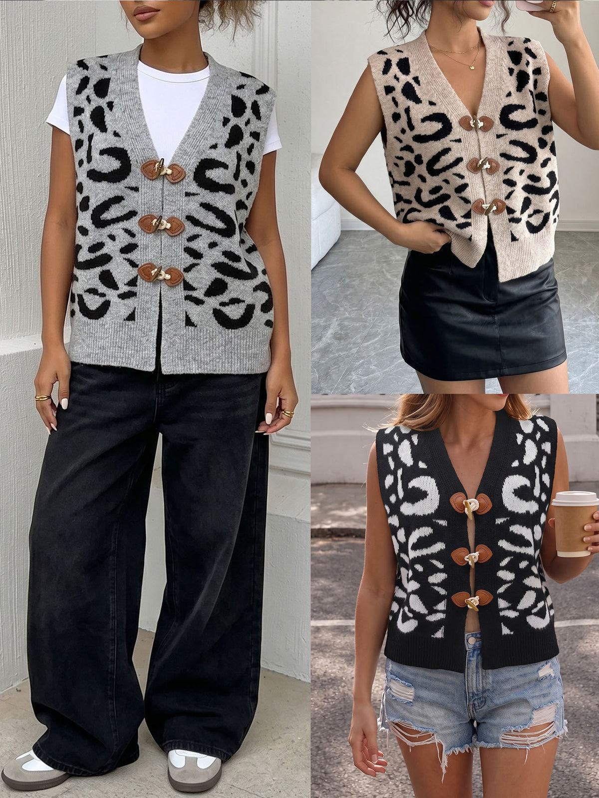 Women Leopard Sweater Vest V-Neck Toggle Button Knit