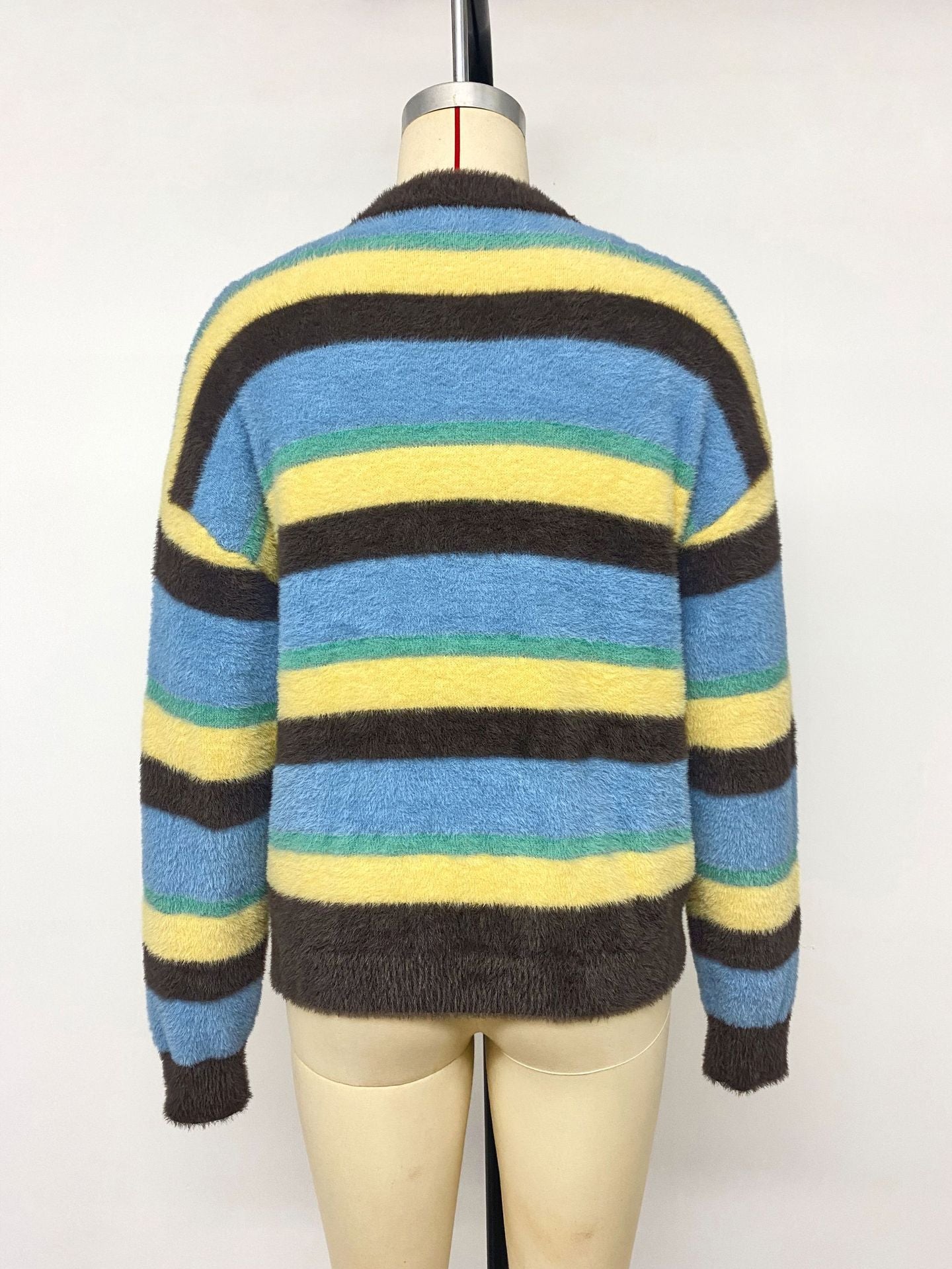 Oversized Color Block Striped Fuzzy Crew Neck Sweater