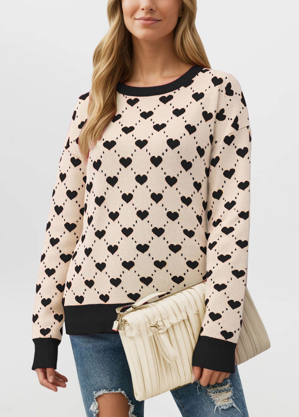 Women's Heart Print Crewneck Sweater Oversized Pullover