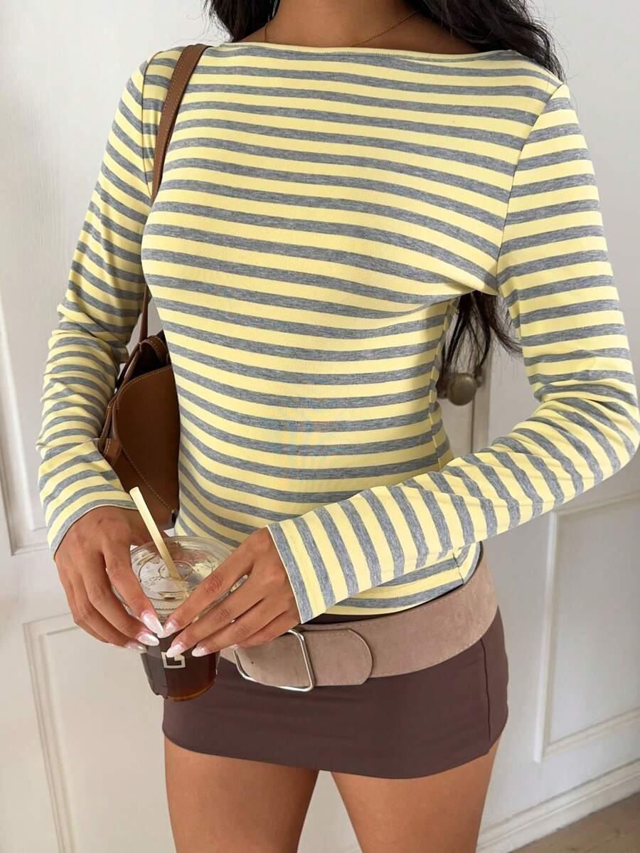 Striped Cotton Tee Casual Fitted Long Sleeve Trendy