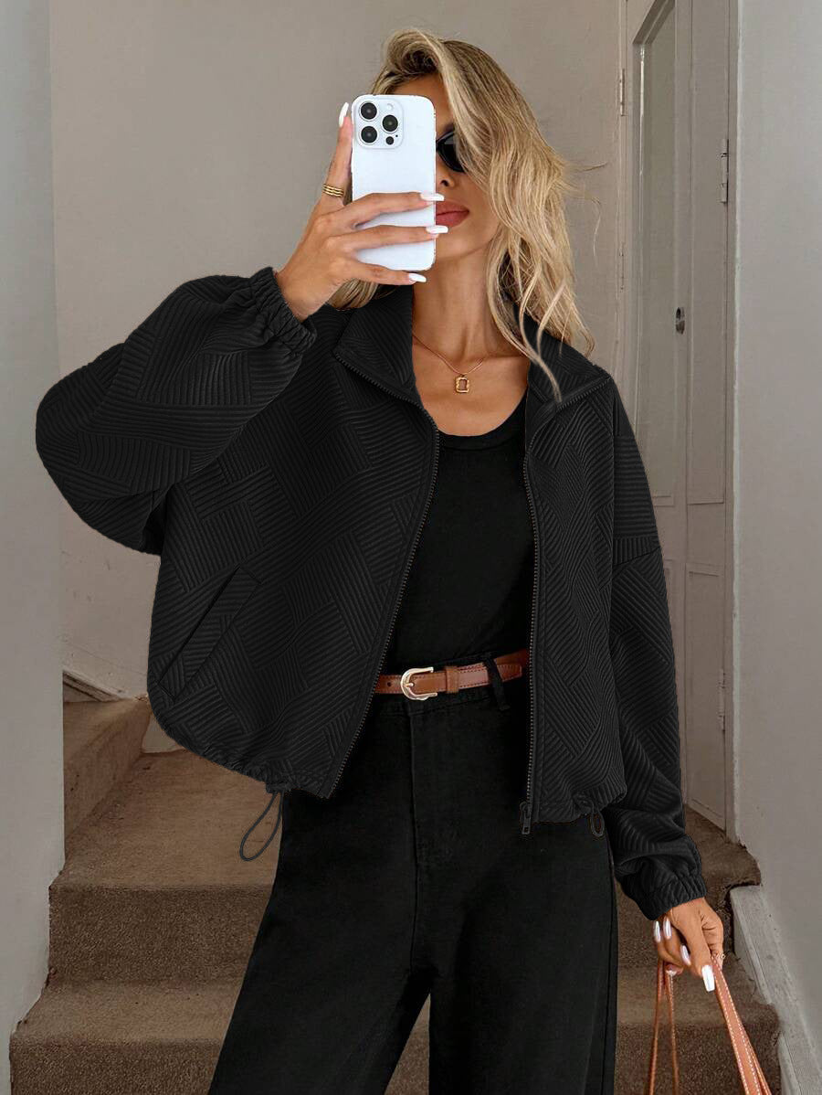 Textured Polyester Jacket Casual Bomber Oversized Zip Up