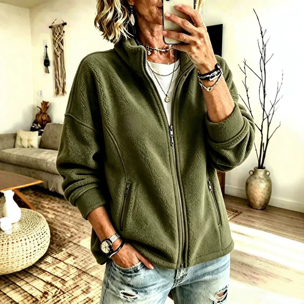 Women's Oversized Sherpa Fleece Zip Up Jacket