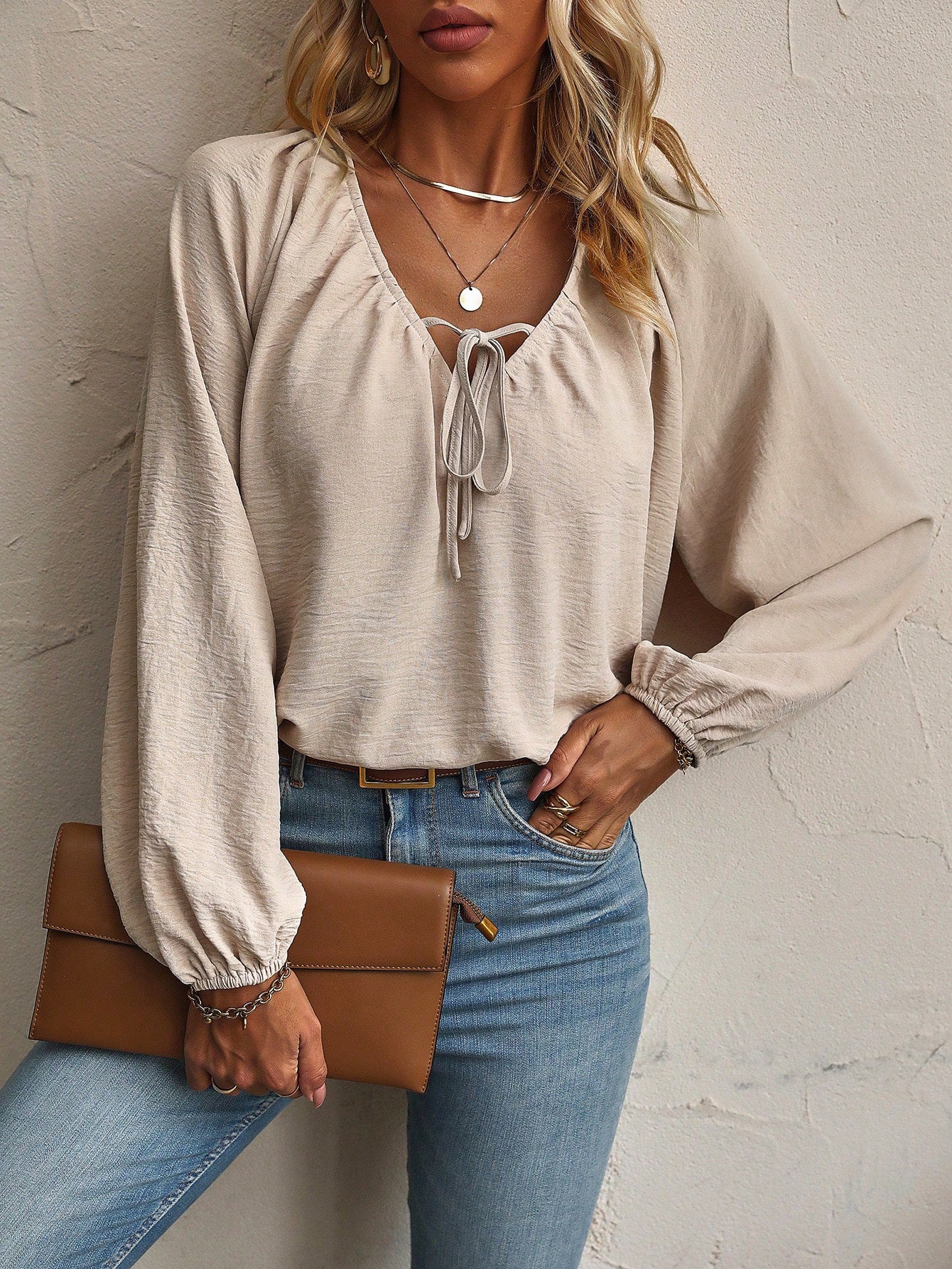 Tie Front Split Neck Balloon Sleeve Blouse