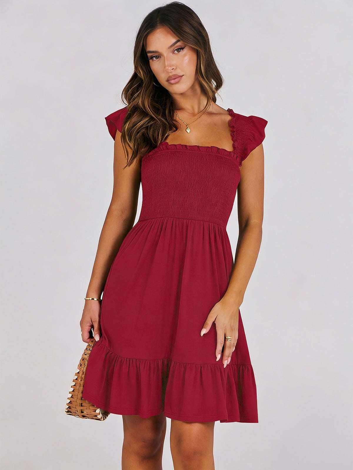 Women’s Smocked Square Neck Ruffle Sleeve Mini Dress Casual Summer Flowy A Line Dress