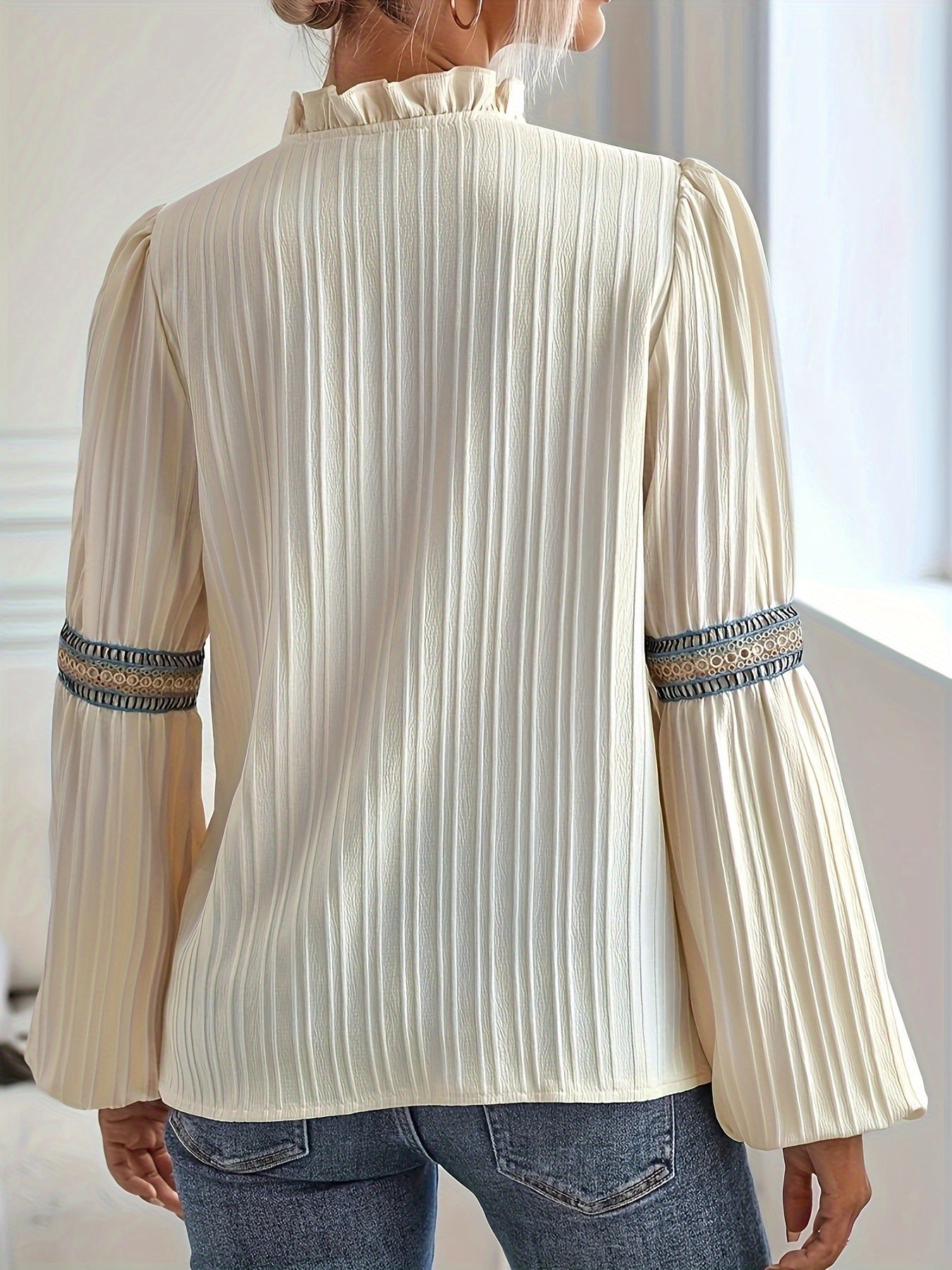 Pleated Embroidered Trim Bell Sleeve Blouse