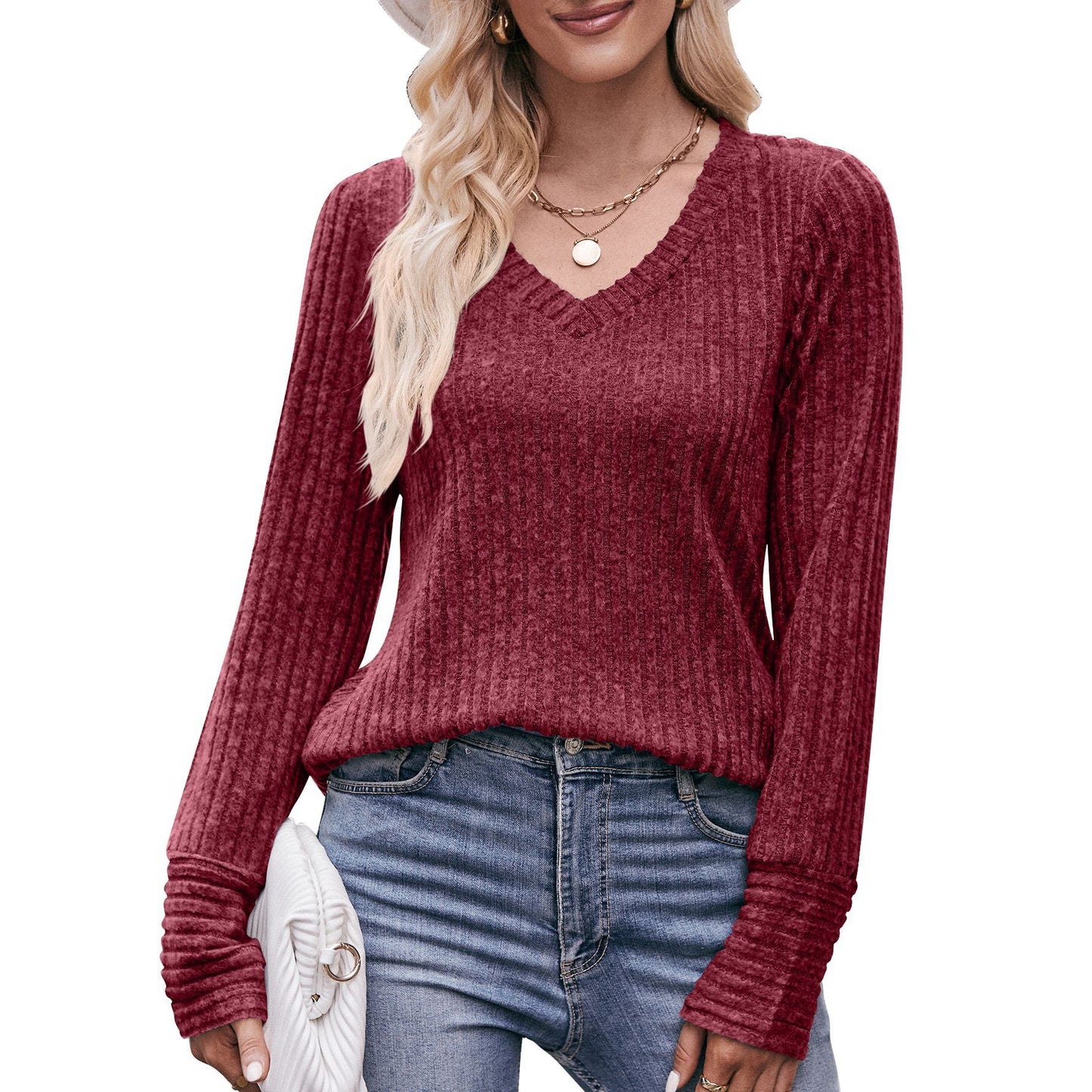 Ribbed V Neck Long Sleeve Knit Top for Women