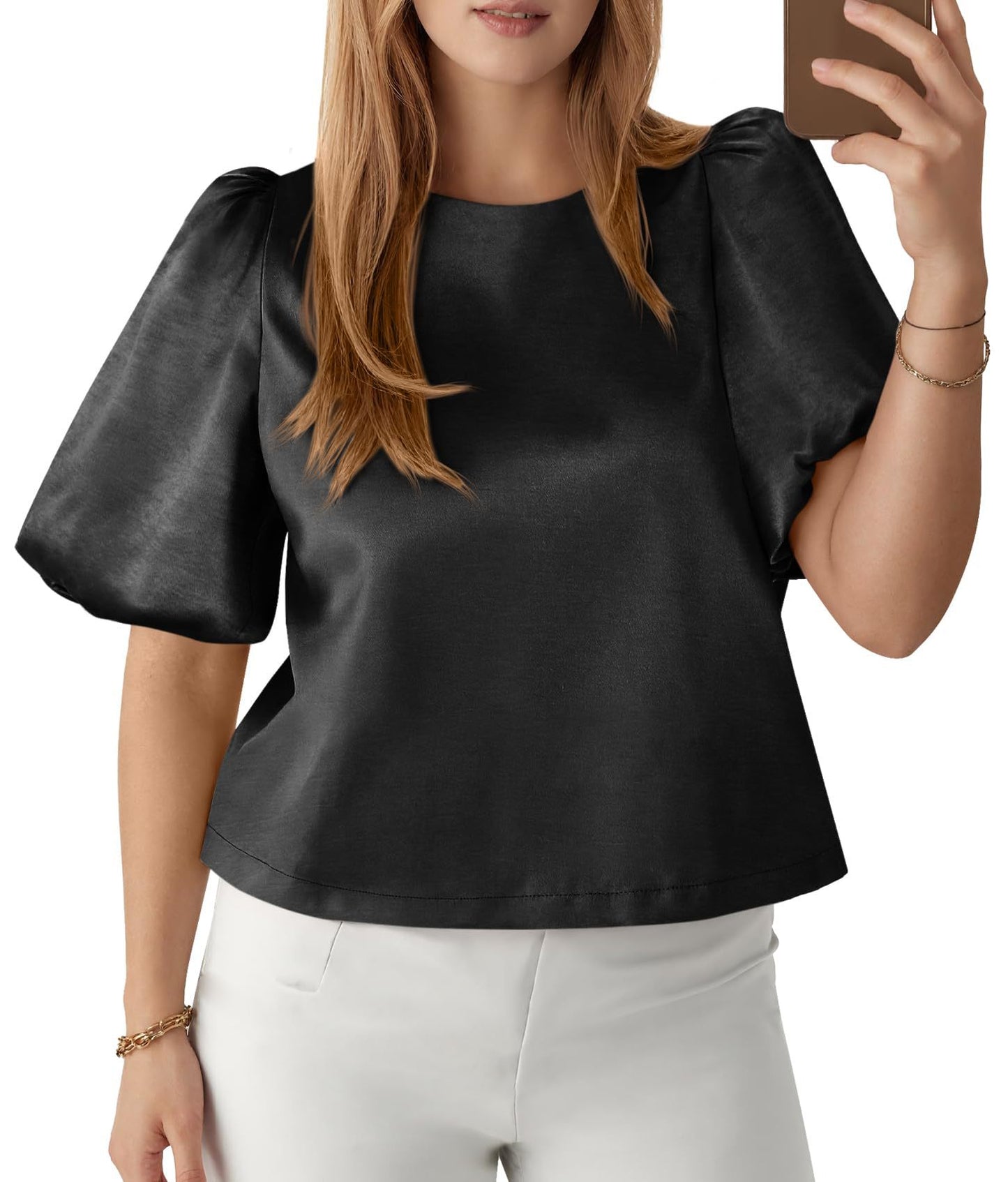 Satin Puff Sleeve Round Neck Elegant Blouse Top