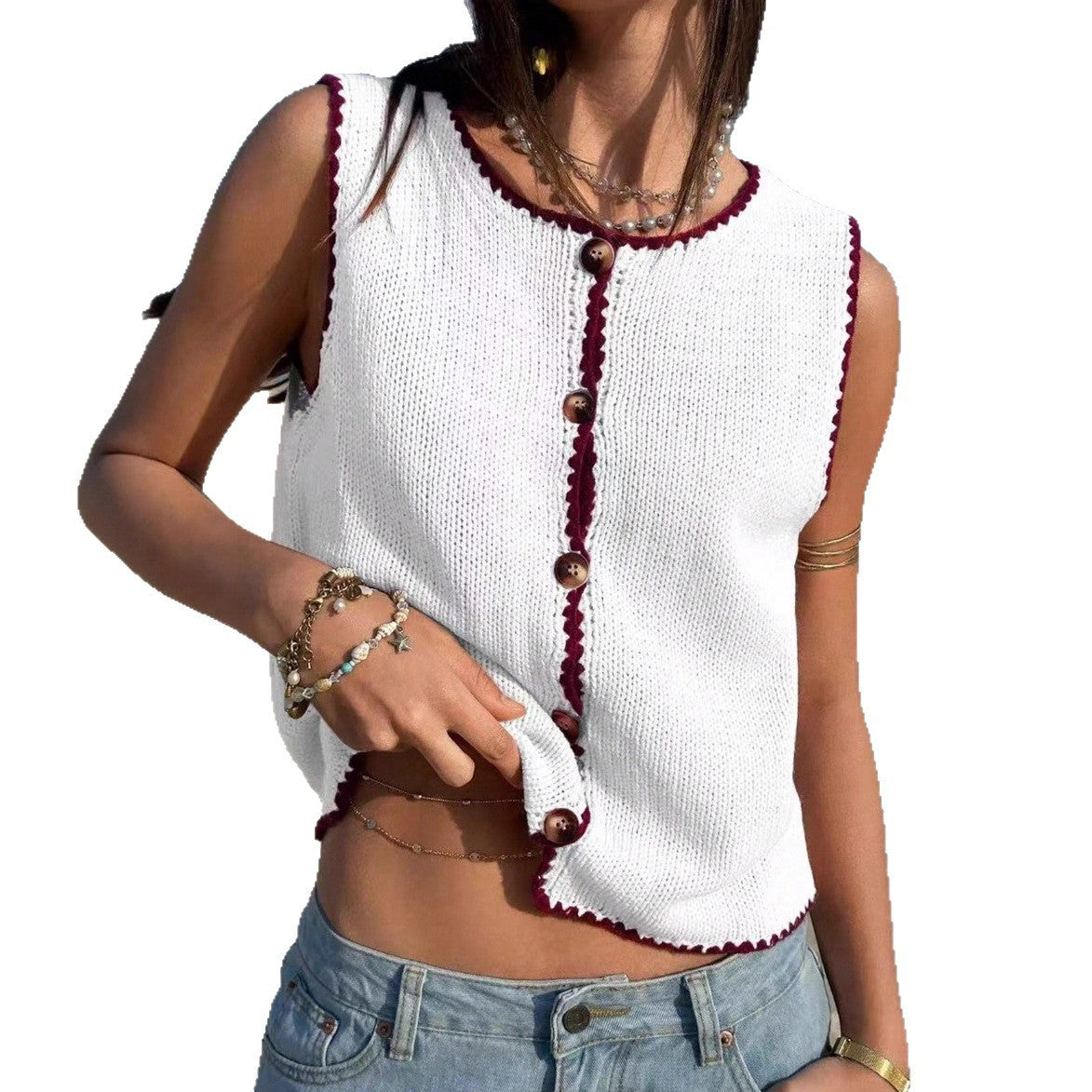 Y2K Contrast Trim Knit Tank Top Sleeveless Button Vest