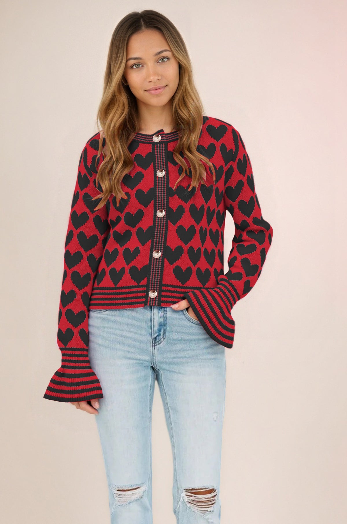 Colorblock Heart Print Bell Sleeve Knit Cardigan