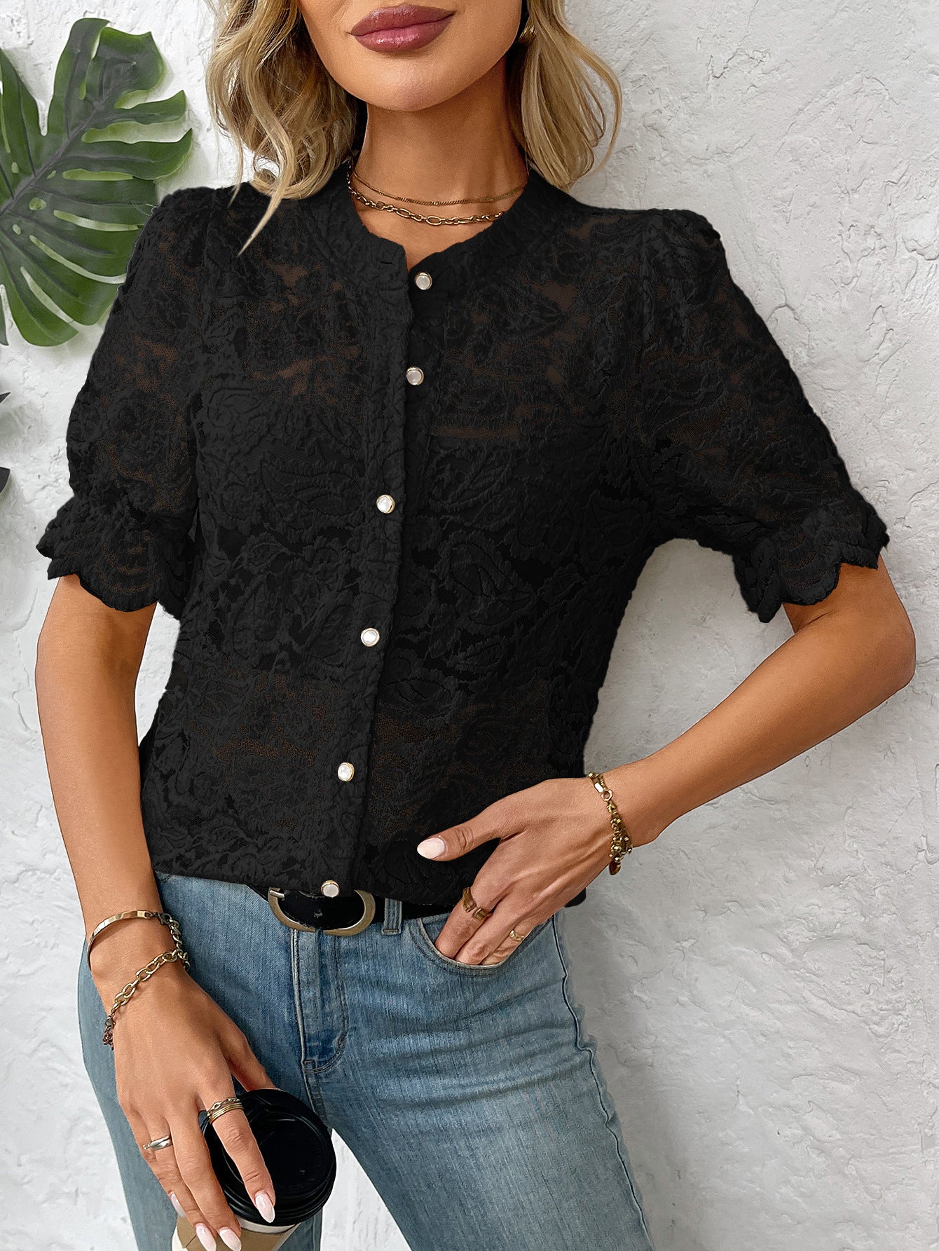 Women's Floral Lace Short Sleeve Button Up Blouse