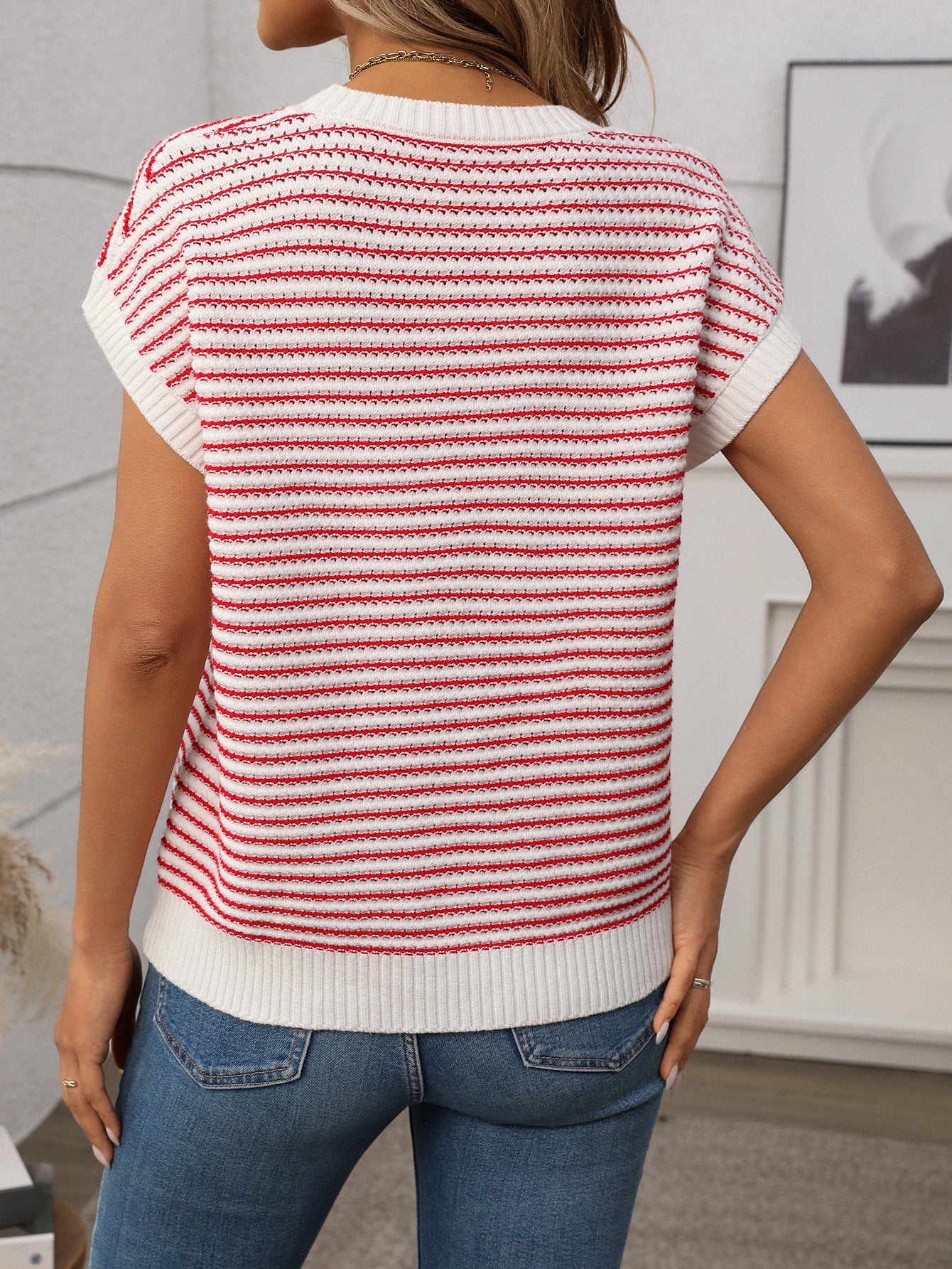 Red Stripe Lightweight Knit Short Sleeve Sweater Top
