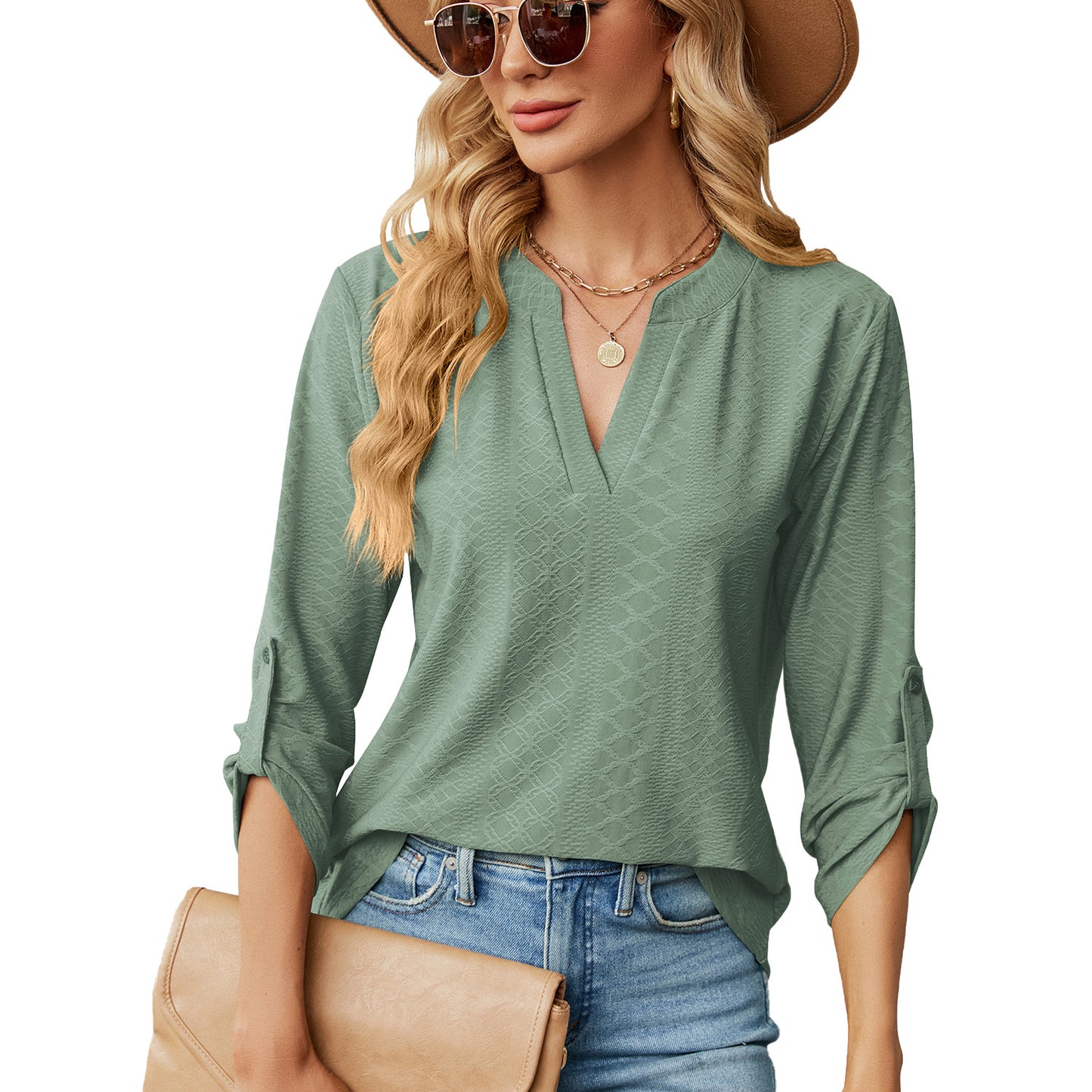 Women's V Neck 3/4 Sleeve Button Loose Fit Blouse Top
