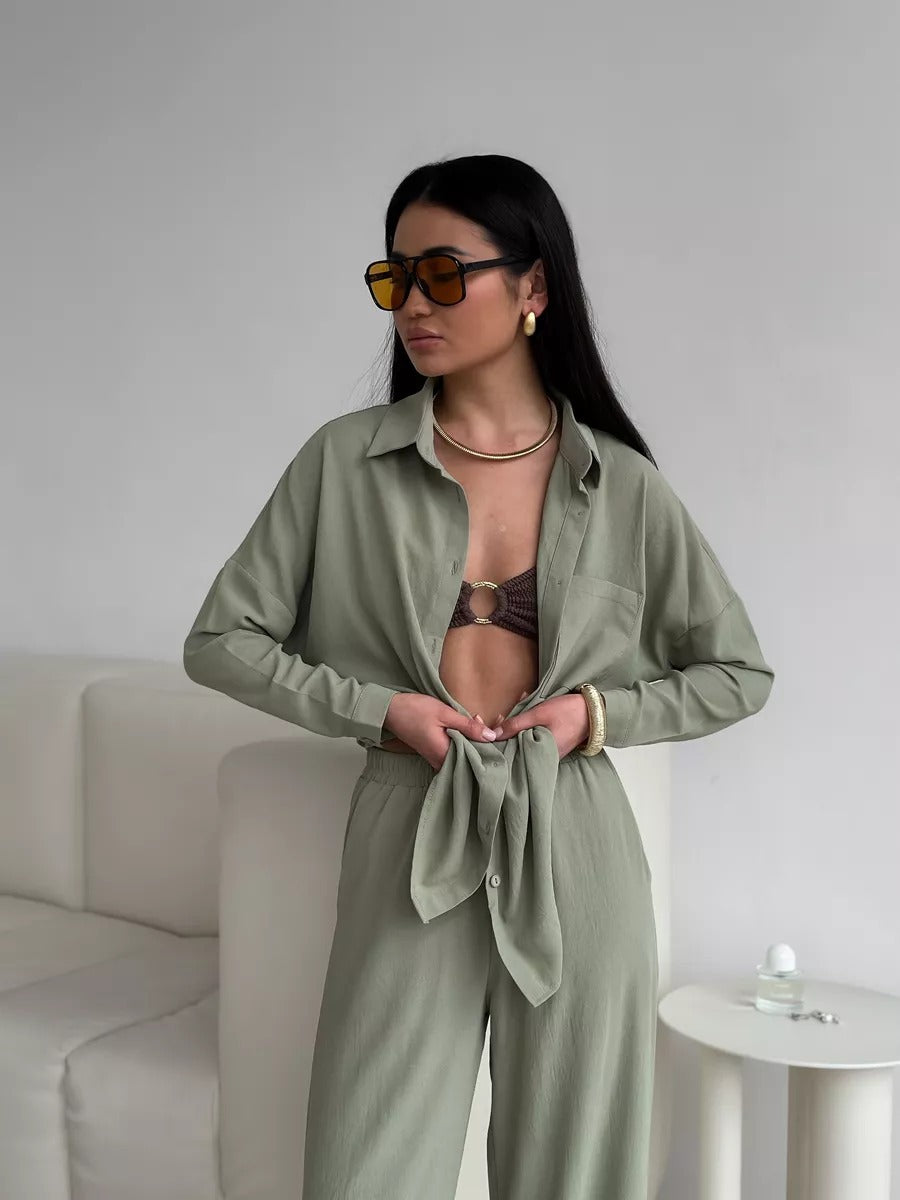 Two Piece Pants Set with Button-Down Shirt & Wide-Leg Pants