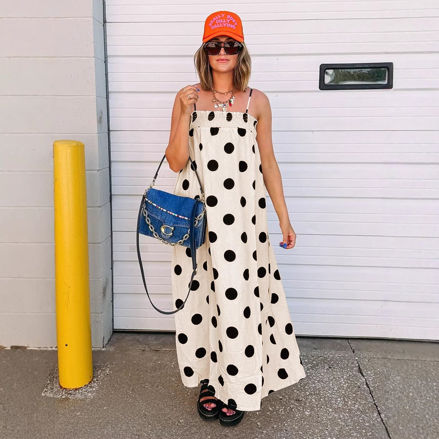 Polka Dot Cami Maxi Dress Sleeveless Flowy Dress