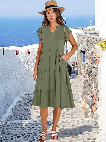 V Neck Flutter Sleeve Tiered Midi Dress with Pockets