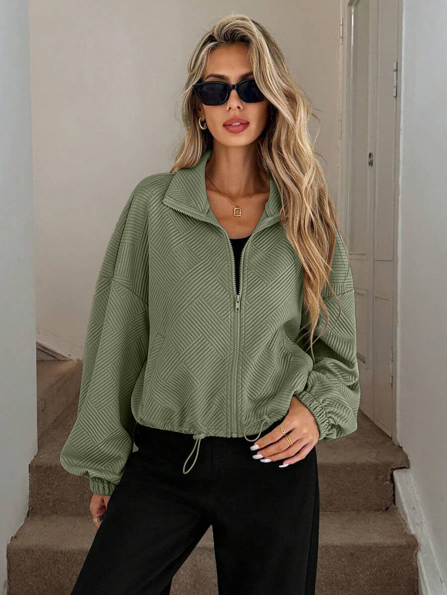 Textured Polyester Jacket Casual Bomber Oversized Zip Up