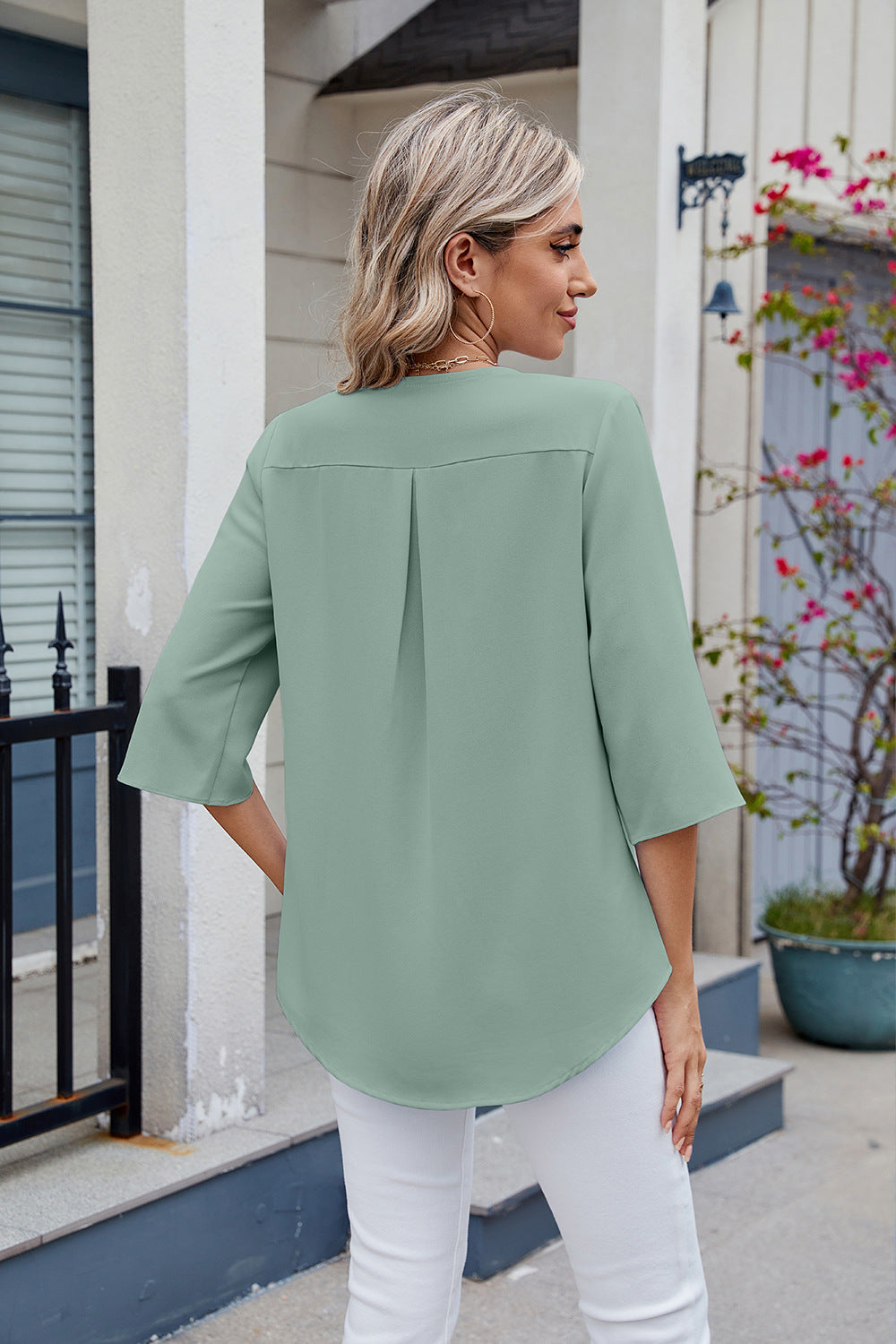 V-Neck Ruffle Mid-Sleeve Chiffon Shirt