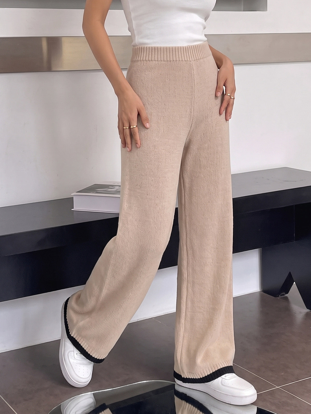 Women's High Waist Knit Wide Leg Sweater Pants Color Block