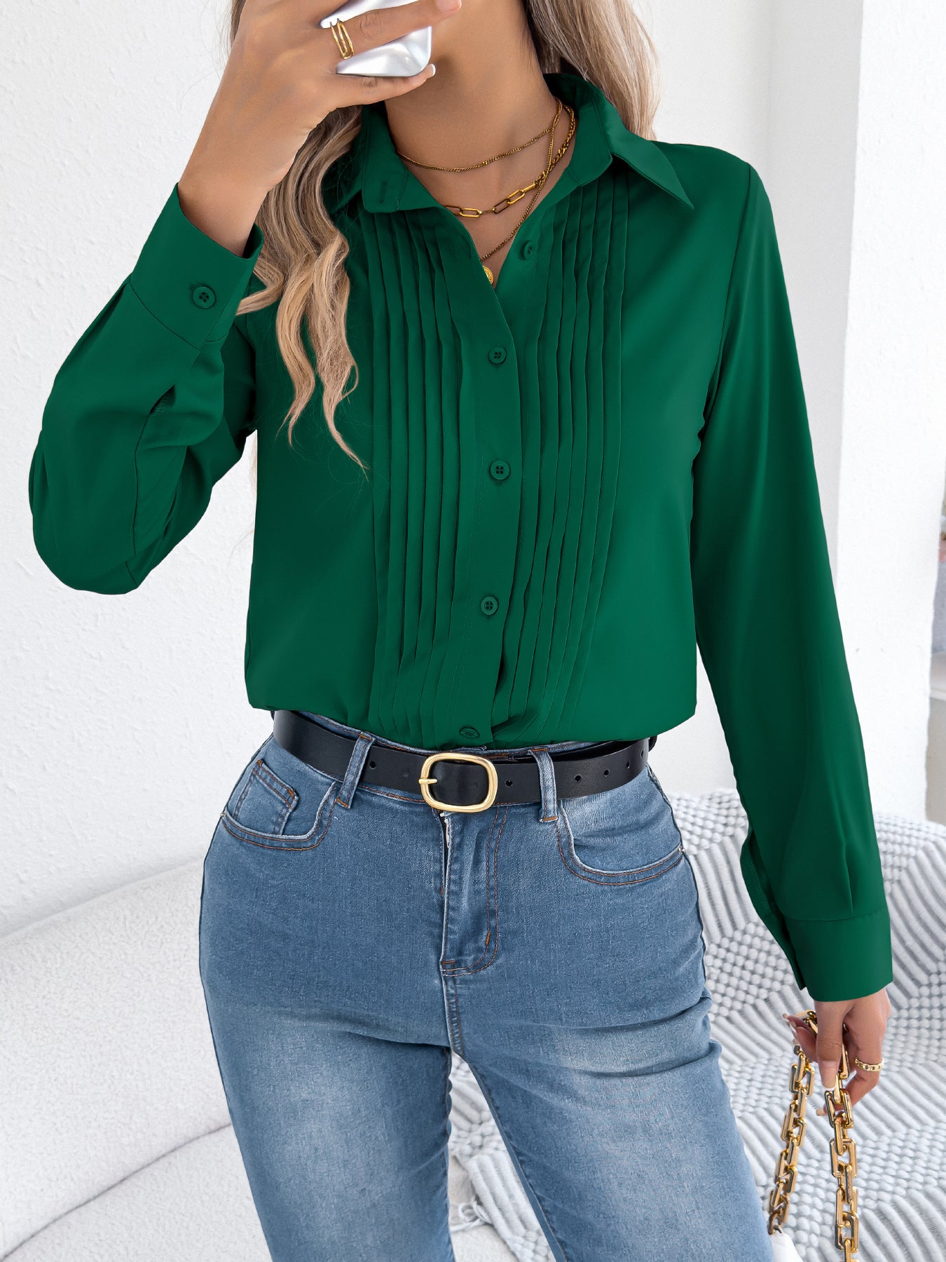 Pleated Long Sleeve Button Down Collared Blouse