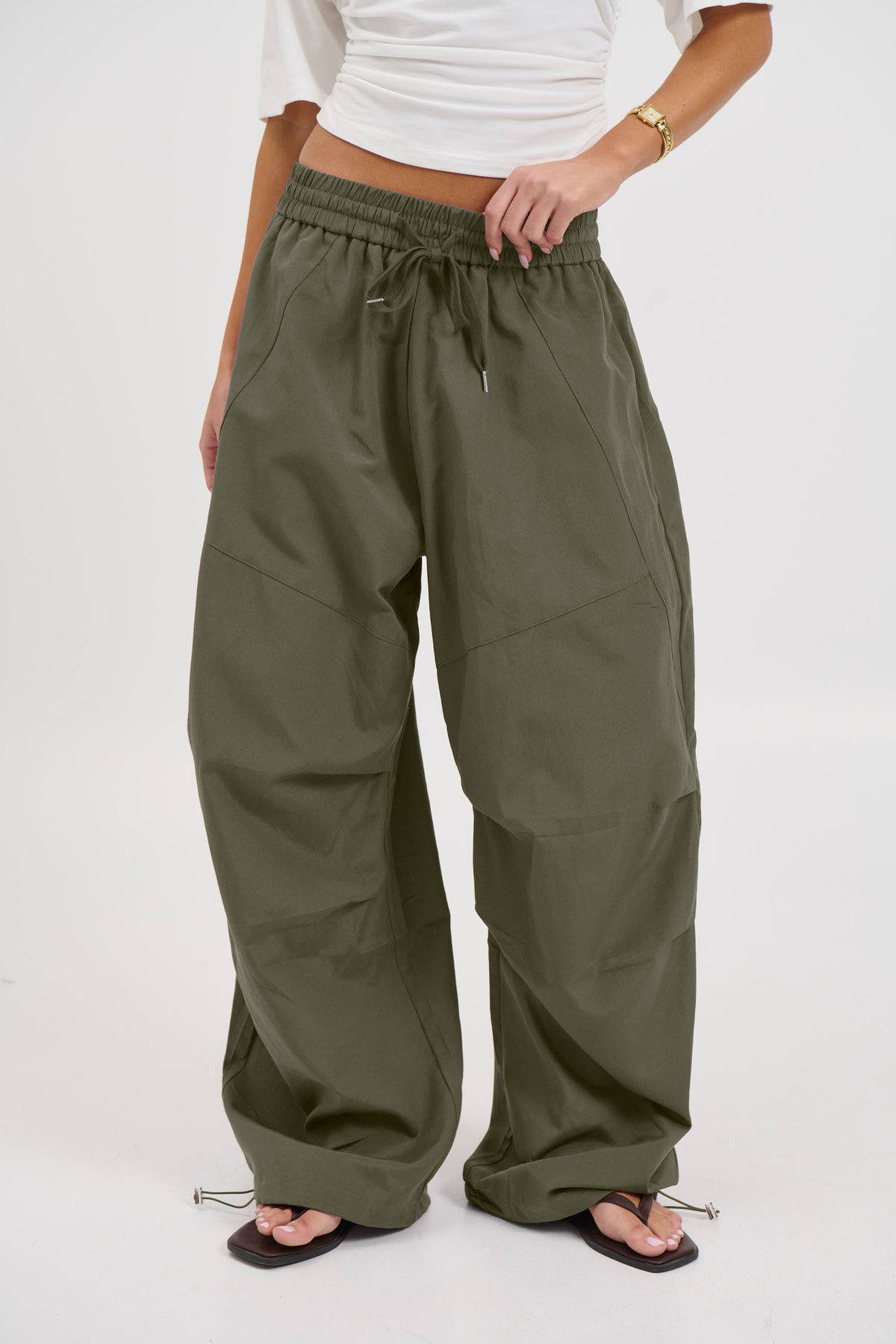 Womens Parachute Cargo Pants Wide Leg Drawstring