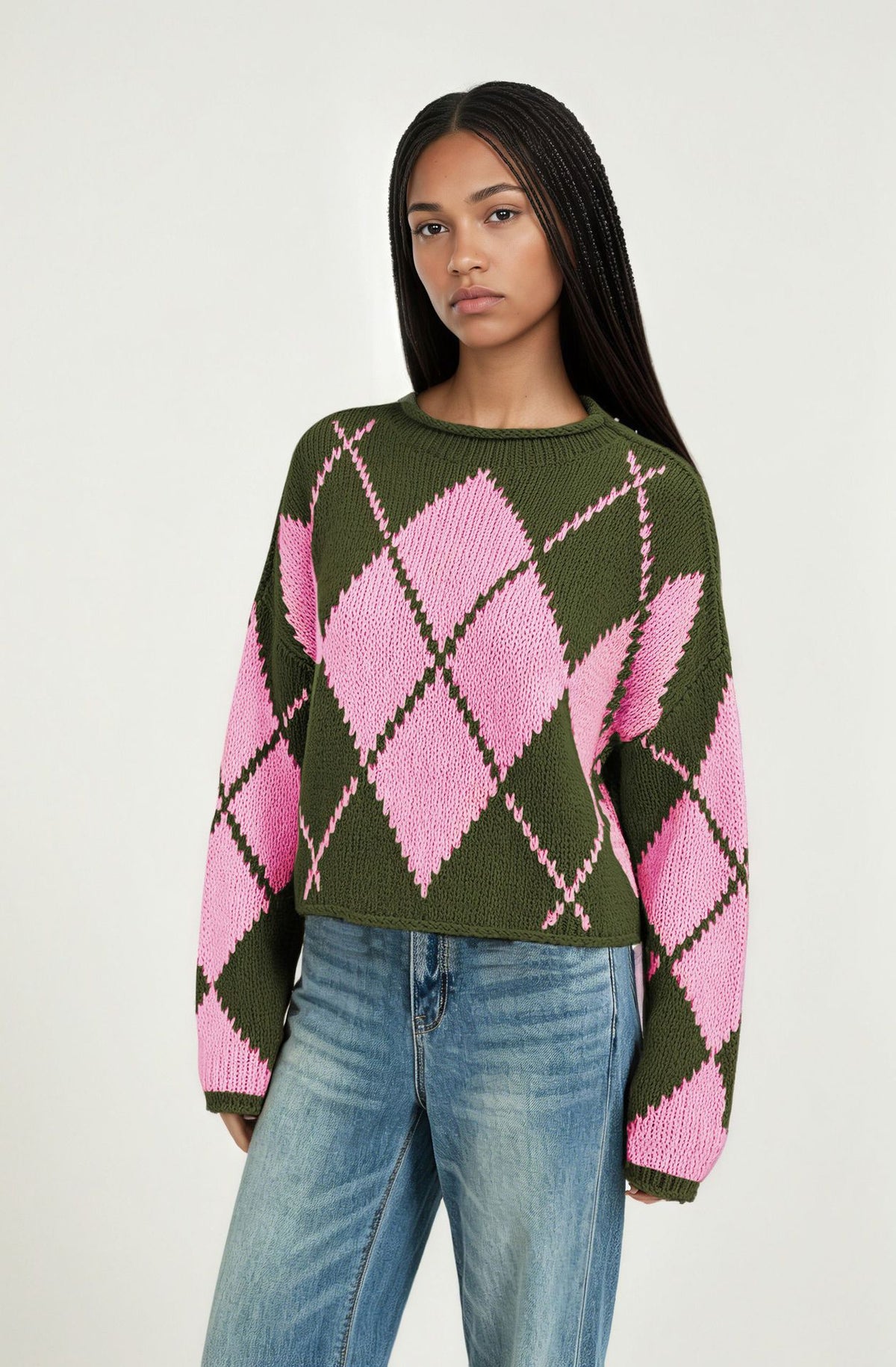 Women's Oversized Argyle Crewneck Chunky Sweater