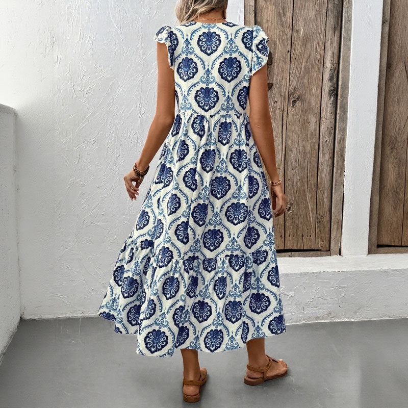 Loose-Fit Deep V-Neck Floral Print Maxi Dress - Stylish and Comfortable Women's Long Dress