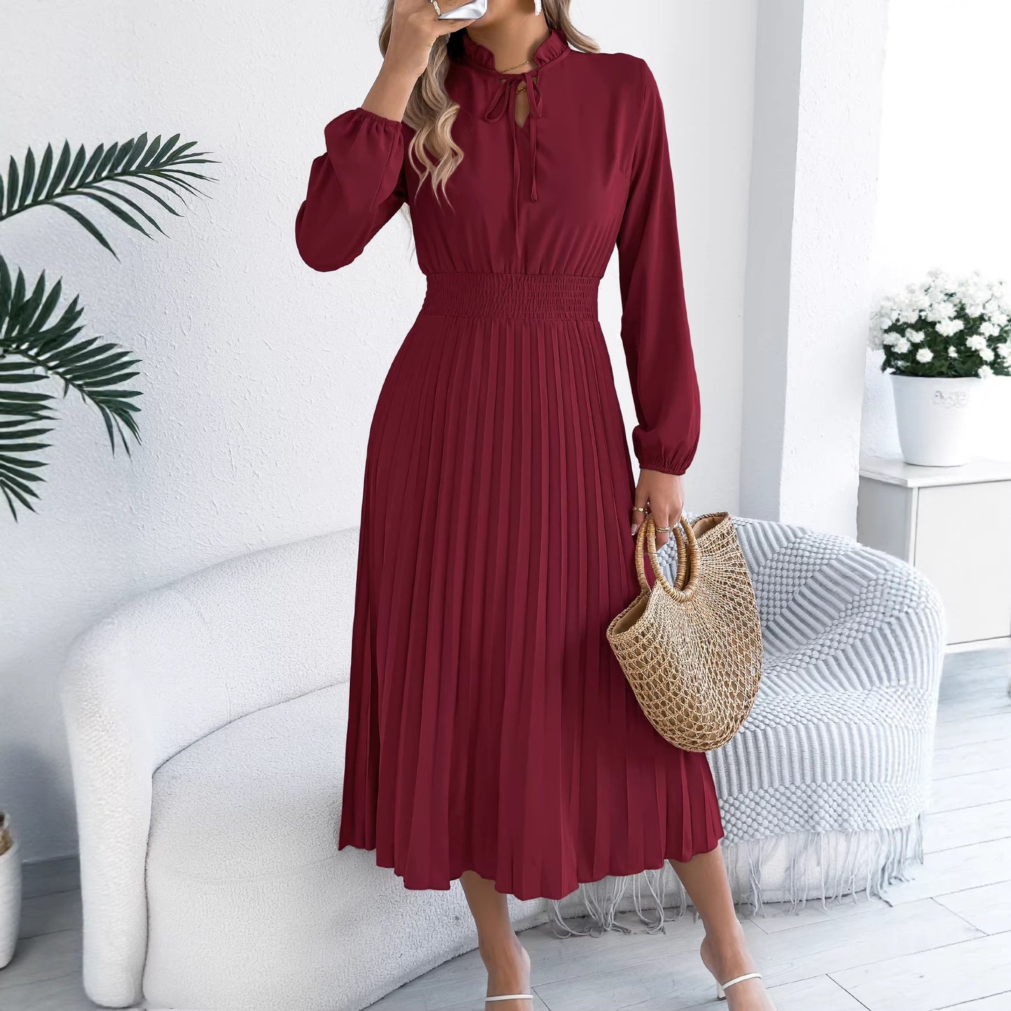 Green Tie Neck Lantern Sleeve Pleated Maxi Dress