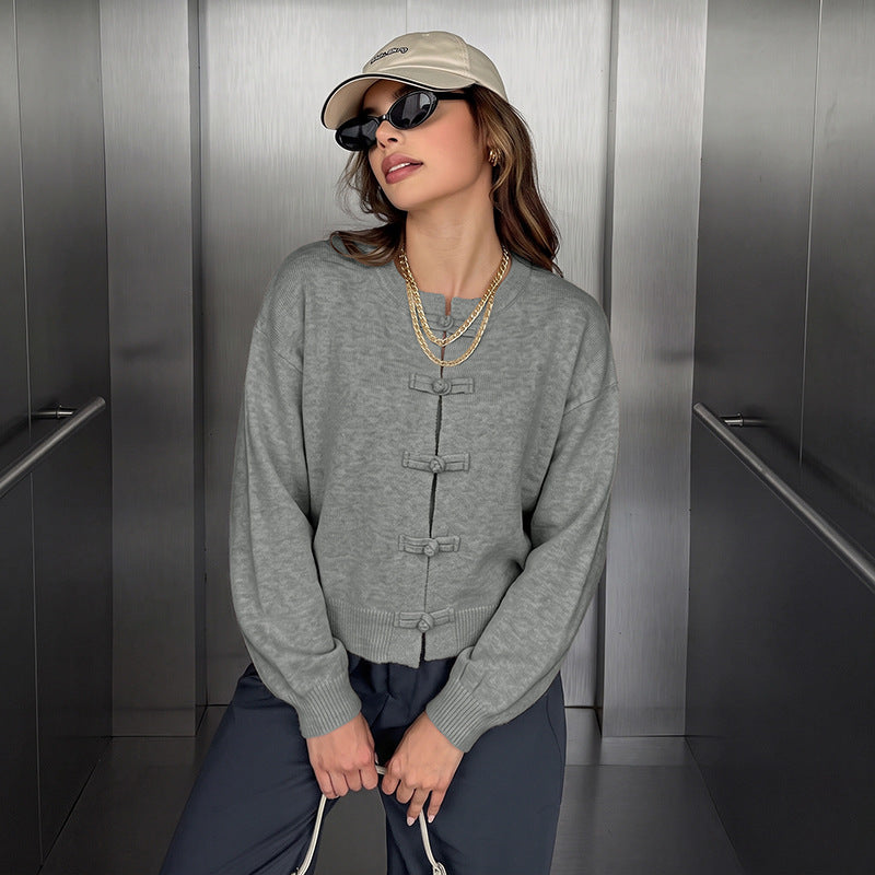 Frog Button Crew Neck Knit Cardigan Sweater