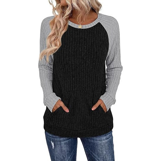 Ribbed Color Block Raglan Long Sleeve Pocket Tunic Top