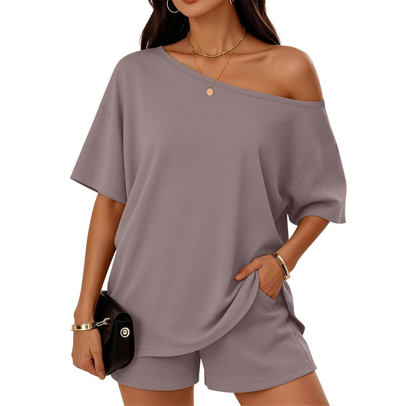 Women's Off Shoulder Lounge Set Casual Two Piece Shorts Outfit