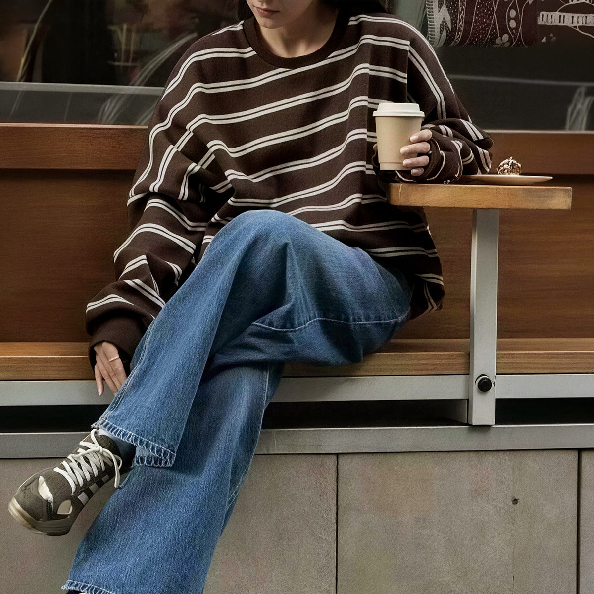 Women's Brown Striped Crewneck Long Sleeve Sweatshirt