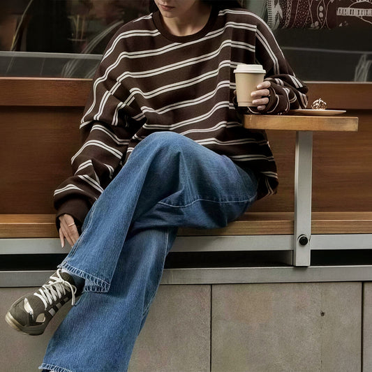 Women's Brown Striped Crewneck Long Sleeve Sweatshirt