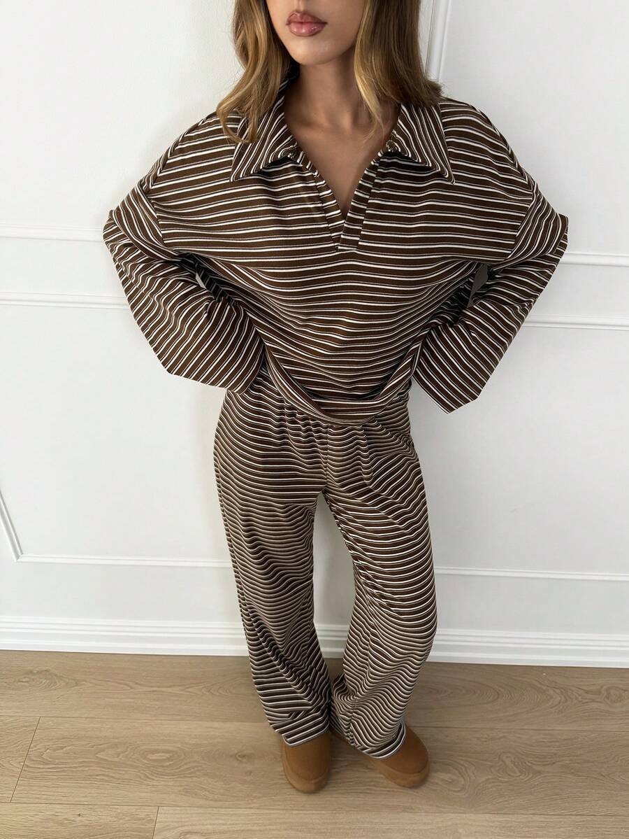 Striped Lounge Set Casual Collared Pullover Wide Leg Pants
