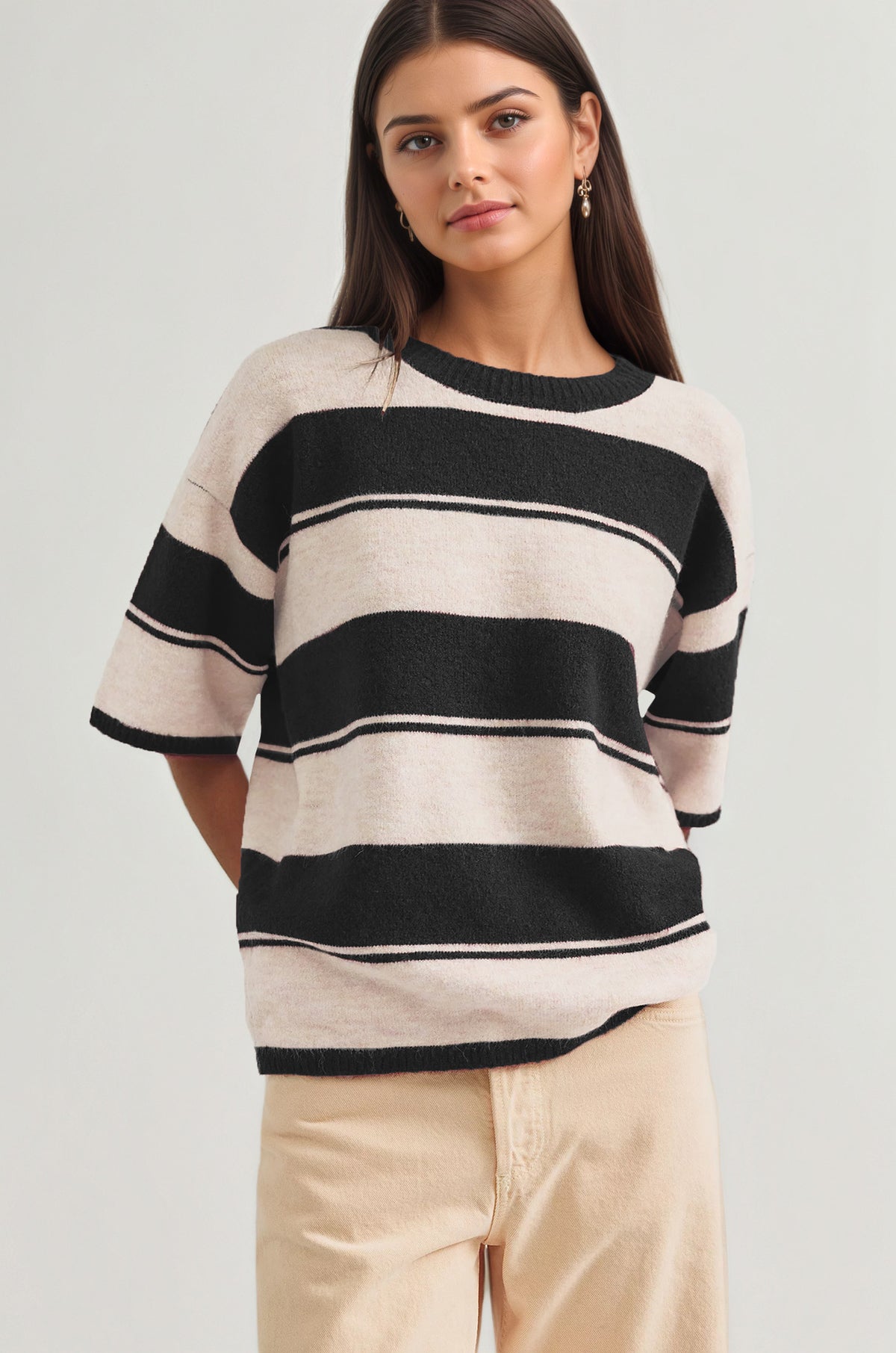Women's Oversized Striped Crewneck Knit Half Sleeve Sweater