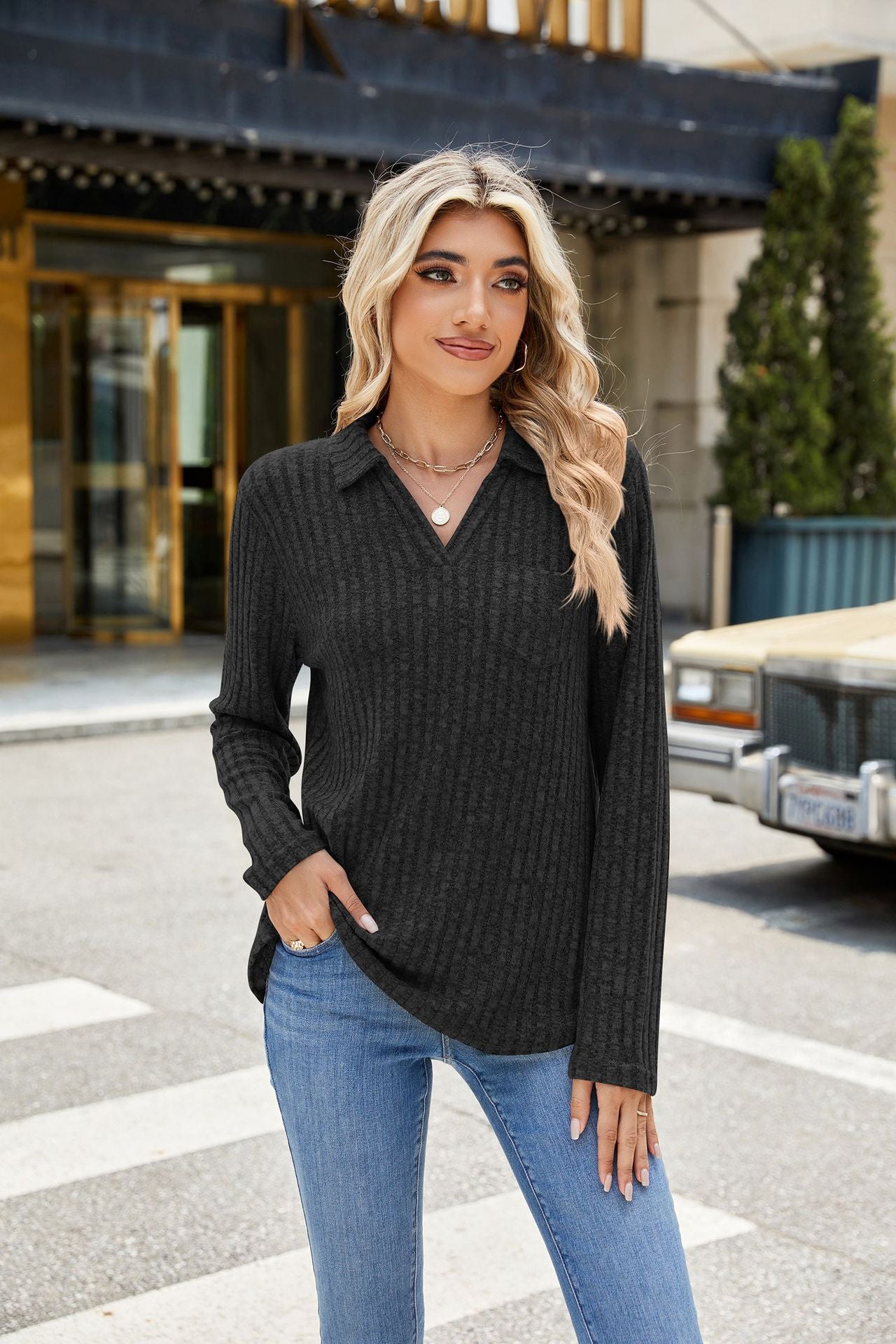 Women's Ribbed Knit Collared Pocket Long Sleeve Top