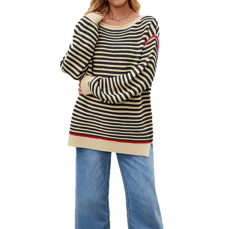 Oversized Striped Crew Neck Long Sleeve Knit Sweater